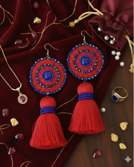 Háčkované dizajnové náušnice "Kráľovská červená"